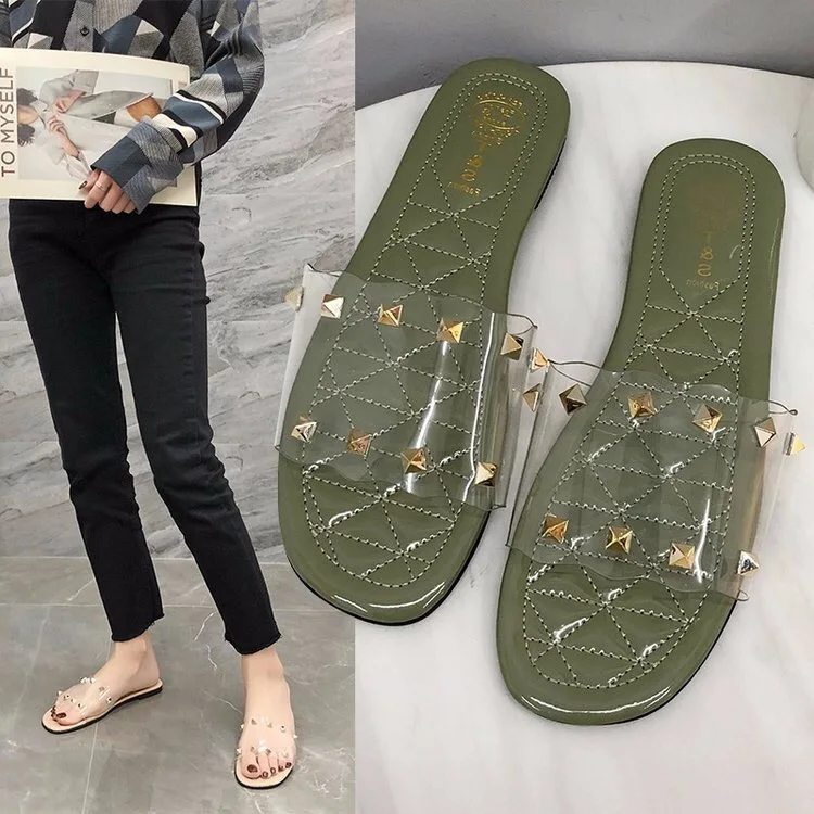 

2019 summer new slippers women rivet flat sandal fashion Internet Celebrity candy color lazy flip flops africa slide loafer