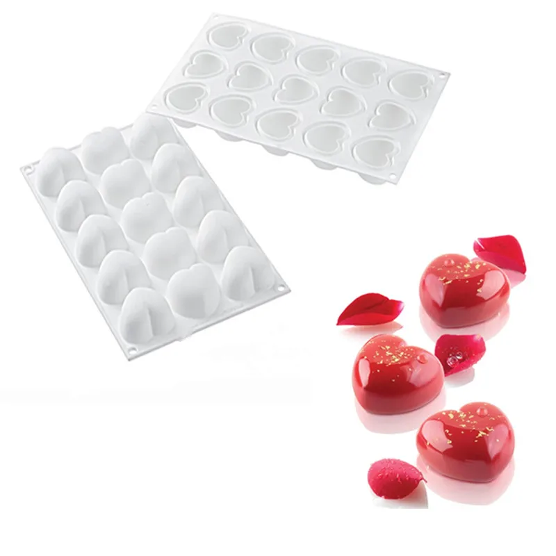 

Pastry Molds 15 Cavity White Heart Shaped Cake Pan Mousse Chocolate Non-Toxic Microwave Safe Silicone Dessert Molds Cake Tray