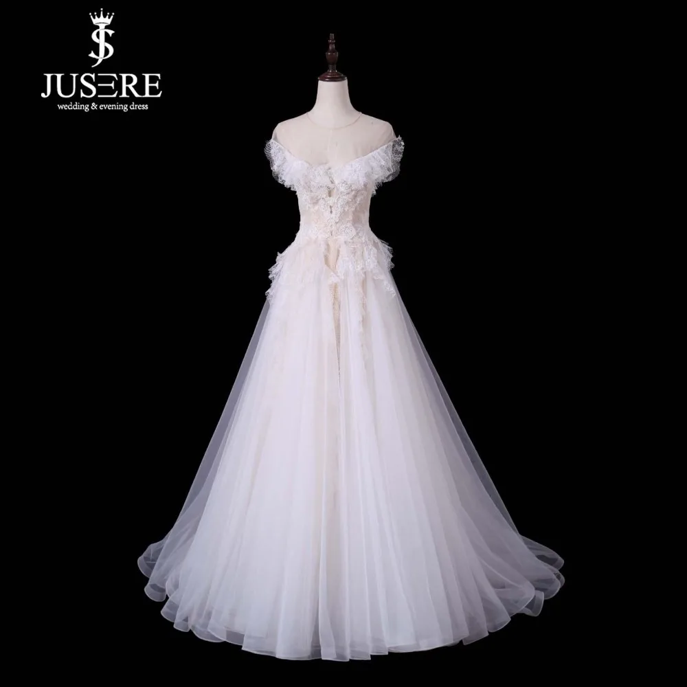 

Jusere Real Photos Robe de soiree 2019 Cap Sleeves A line Wedding Gown Illusion Neck Lace Bridal Dress