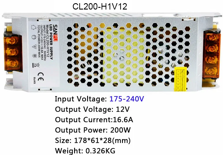 Сверхтонкий источник питания высокого напряжения 60 Вт/100 Вт/150 Вт/200 Вт/250 Вт/300 Вт 110-240 В Светодиодный драйвер для светодиодной ленты светильник - Цвет: 12V  16.6A  200W