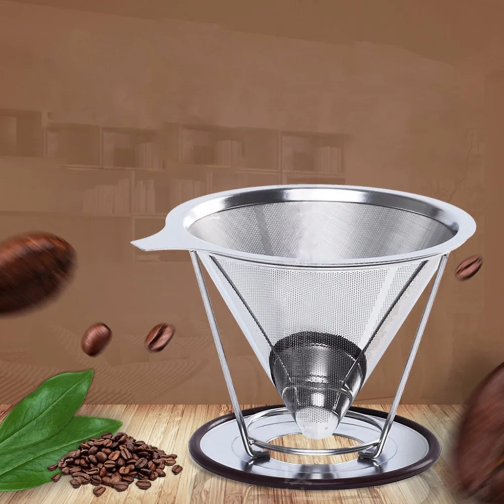 Brief Design Stainless Steel Mesh Strainer Baskets Coffee Double Layer Filter Reusable Cone Coffee Dripper durable quality dual layer solid stainless steel coffee filter dripper refillable holder handle