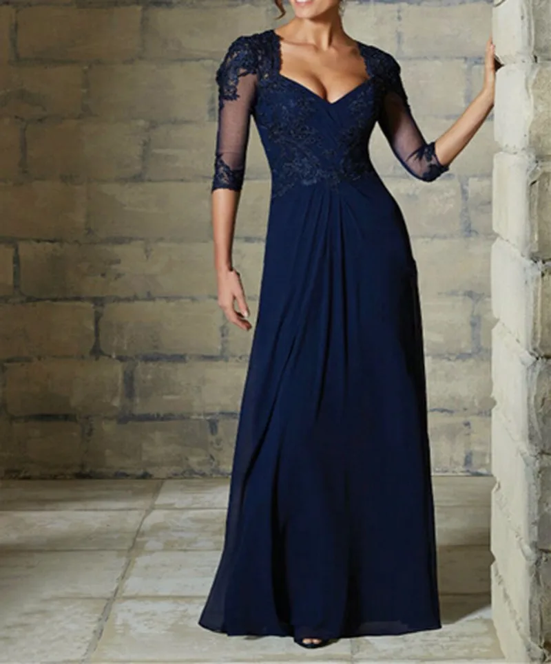 Navy Blue Mother of the Bride Dresses 2017 Long Chiffon Sequined Half