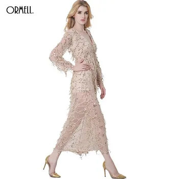 

ORMELL Sexy Gold Sequin Glitter Dress Women Deep V Sundress 2016 Autumn Winter Ankle Length Dress Party Club Vestidos