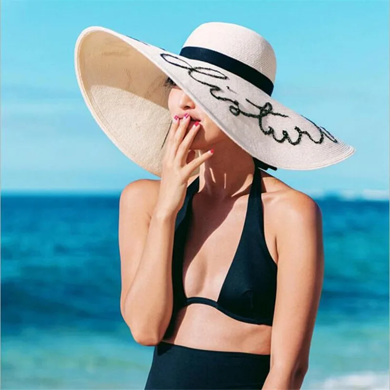 

2017 fashion women's large wide-width floppy disk summer sequins alphabet straw hat beach goddess sun hat