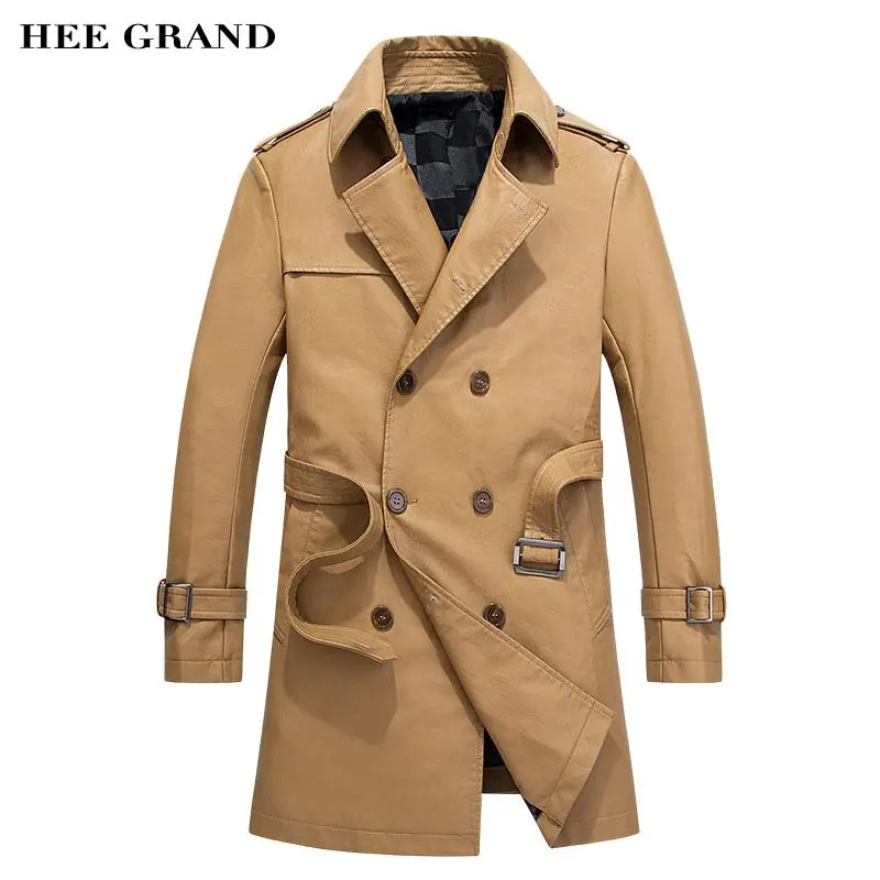 HEE GRAND Men Fashion Pu Coat Long Stretch Design 2018 New Arrival Autumn Warm Padded Leather With Belt Size M-3XL MWP438 | Мужская
