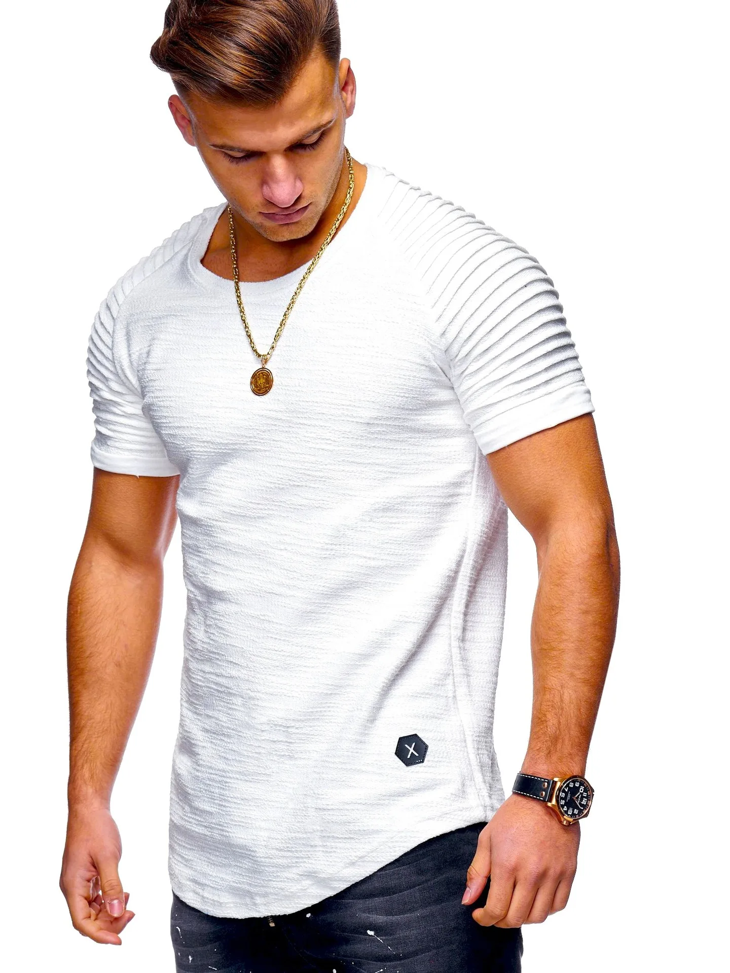 Мужская Тонкая рубашка с круглым воротником и коротким рукавом, Европейская и американская мода, повседневные мужские футболки, топы, футболки, дропшиппинг ABZ119 - Цвет: white