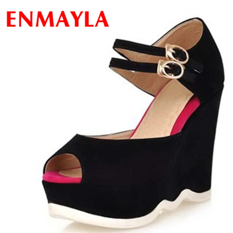 

ENMAYER Size 34-39 New 2014 Casual Ankle Strap Flock Platform Summer Shoes wedges sandals for women girls sandals Wedding shoes