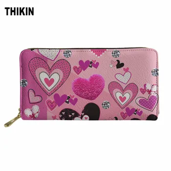 

THIKIN Love Pattern Print Pink Women's Wallet Coin Purse Long Clutch Leather Phone Key Card Holder Bag For Teen Rectangle Purse