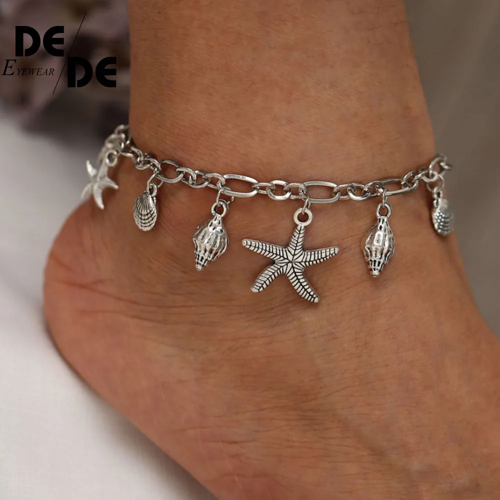 

Women Ankel Bracelets Starfish Shell Charm Stainless Steel Anklets 24 Cm Vintage Fashion Foot Chain Jewelry 2019