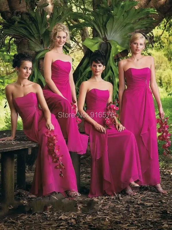 Fuchsia Chiffon Cheap Bridesmaid Dresses 2015 New Spring Summer Strapless Draped Bridal Gowns