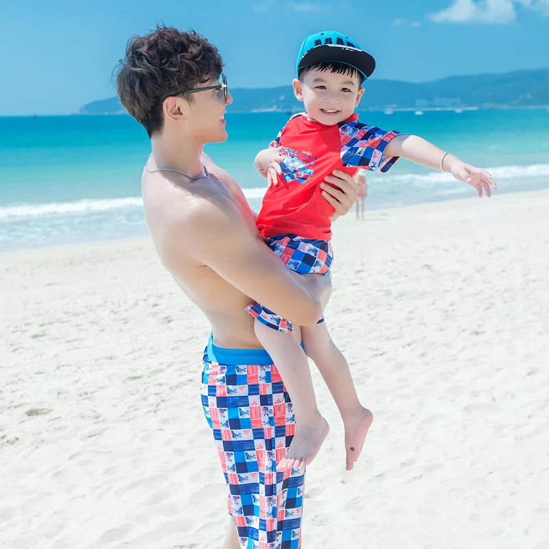 

Kids Boys dad and son swimwear 3 pieces swimsuit printed short shirt shorts swimming cap men's beach shorts family bathing suits