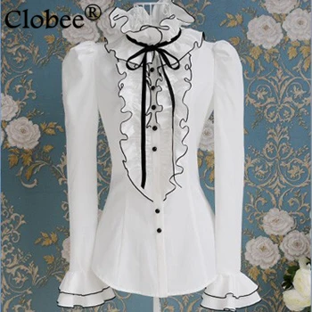 

2019 Batas e Blusas spring and autumn white ruffle black ribbon bow bubble long-sleeve shirt plus size top blouses shirt CD71