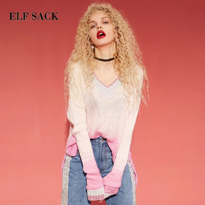 

ELF SACK Autumn Winter New Warm Sweater Solid Tassel Pullovers O-Neck Hand Knitted Purple Women Sweater Loose Femme Cute Sweater