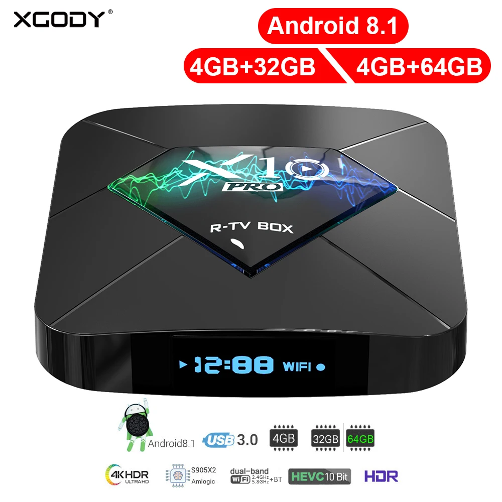 

XGODY X10 Pro Android 8.1 4GB 64GB Smart TV Box Amlogic S905X2 Media Player Bluetooth 2.4G/5G Dual WiFi 4K H.265 TV Set Top Box