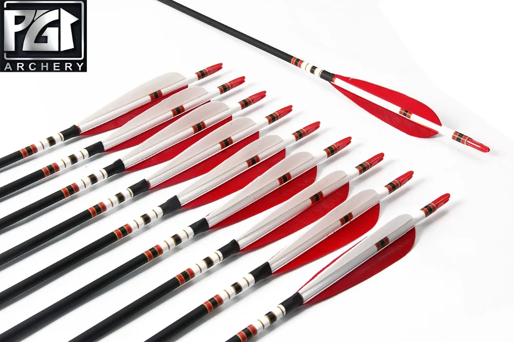 PG1ARCHERY Carbon Arrow With 5'' Parabolic Feathers Spine 500 OD 7.6mm Hunting Archery Arrows  