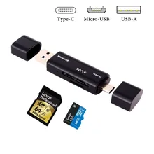Aluminum Multi-in-1 Memory Card Reader / Writer, SD/Micro SD Card Reader Adapter with USB / Micro USB / Type-C for Android Black