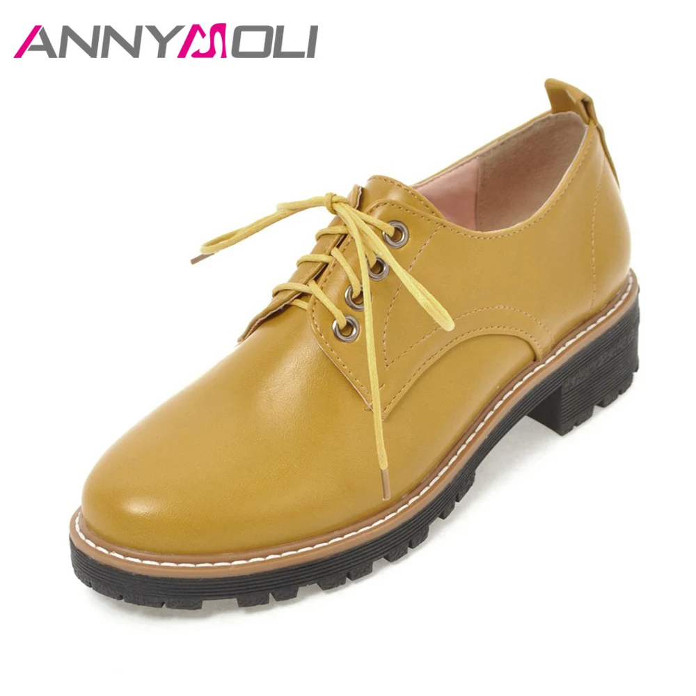 

ANNYMOLI Women Shoes Flats Lace Up Sewing Casual Derby Shoes Spring 2018 Round Toe Ladies Shoes Yellow Autumn Big Size 9 42 43