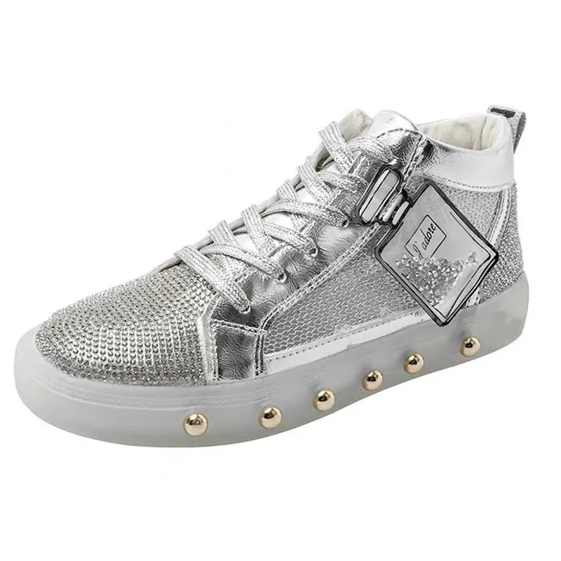 

New 2019 Spring Autumn Women Canvas Shoes Silver Crystal Vulcanize Shoes Transparent Sneakers Rivet Decoration