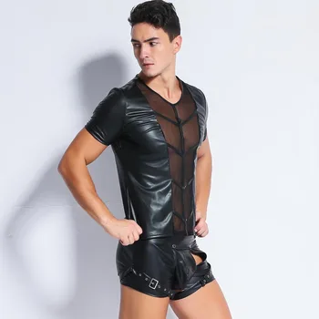 

Men's Sexy Lingerie Teddy Top PVC Erotic Patchwork Mesh Sexy Latex Hot Night Club Transparent Gay Man Shirt Plus Size Tops Only