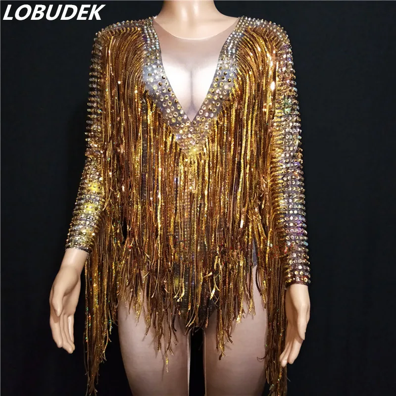 

Glisten Rhinestones Gold Sequins Tassels Jumpsuit Long Sleeve Elastic Skinny Bodysuit Sexy Fashion Stage Wear Nightclub Costumes