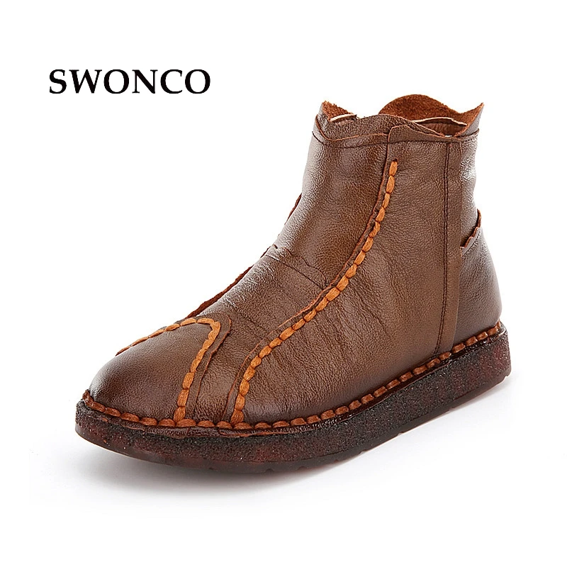 

SWONCO Women's Ankle Boots 2018 Genuine Leather Warm Winter Handmade Boot Ladies Shoes Flat Ankle Boots For Women Boot Shoes