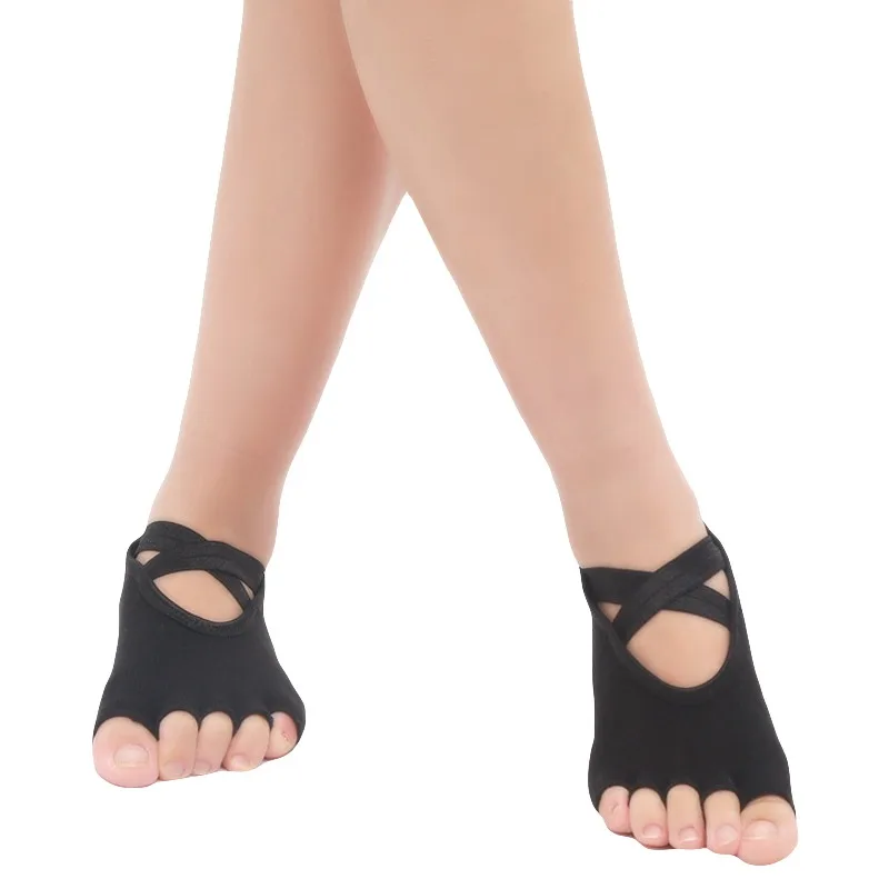 Женские хлопоковые носки для йоги противоскользящие пять пальцев с открытой спиной Бандажное платье с перекрещиванием Силиконовое нескользящее балетное танцевальное одежда для фитнеса Pro