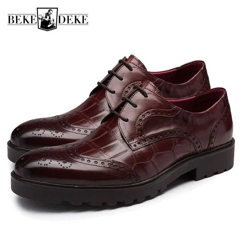 

2019 New Mens Wedding Dress Shoes Genuine Leather Pointed Toe Lace Up Classic Business Formal Footwear Thick Platfrom Zapatos