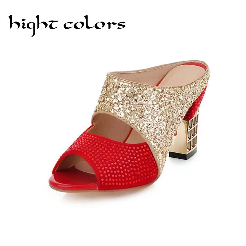 

Female High-Heeled Slippers Thick Heel Sandals Fashion String Beaded Open Toe Shoes Summer Party Slides 2019 Black+Red US 10.5