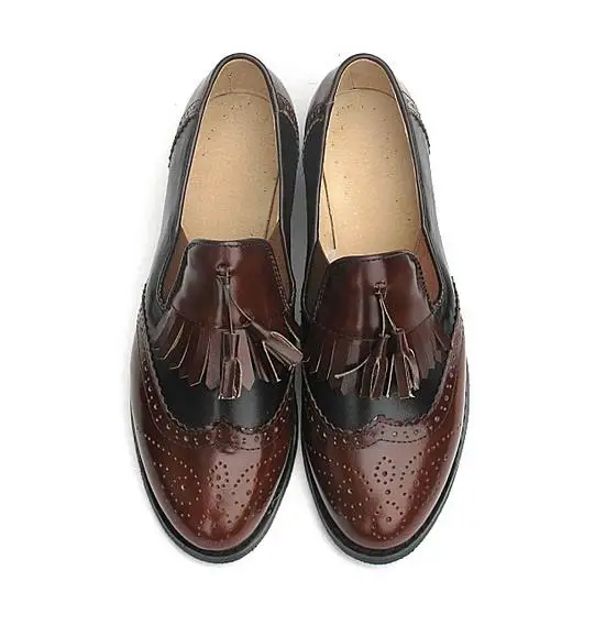 Брендовая обувь Для женщин Пояса из натуральной кожи женские туфли-оксфорды кисточкой дамы Лоферы для женщин bullock Обувь Мокасины броги повседневные туфли на плоской подошве - Цвет: Brown  black