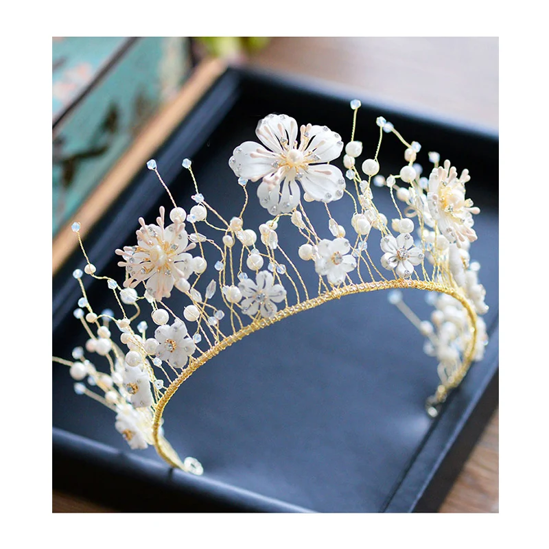 

New Fashion Handmade Golden Tiara Simulated Pearl Beaded Shells Hairbands Wedding Crown Bridal Hair Accessories Head Jewelry