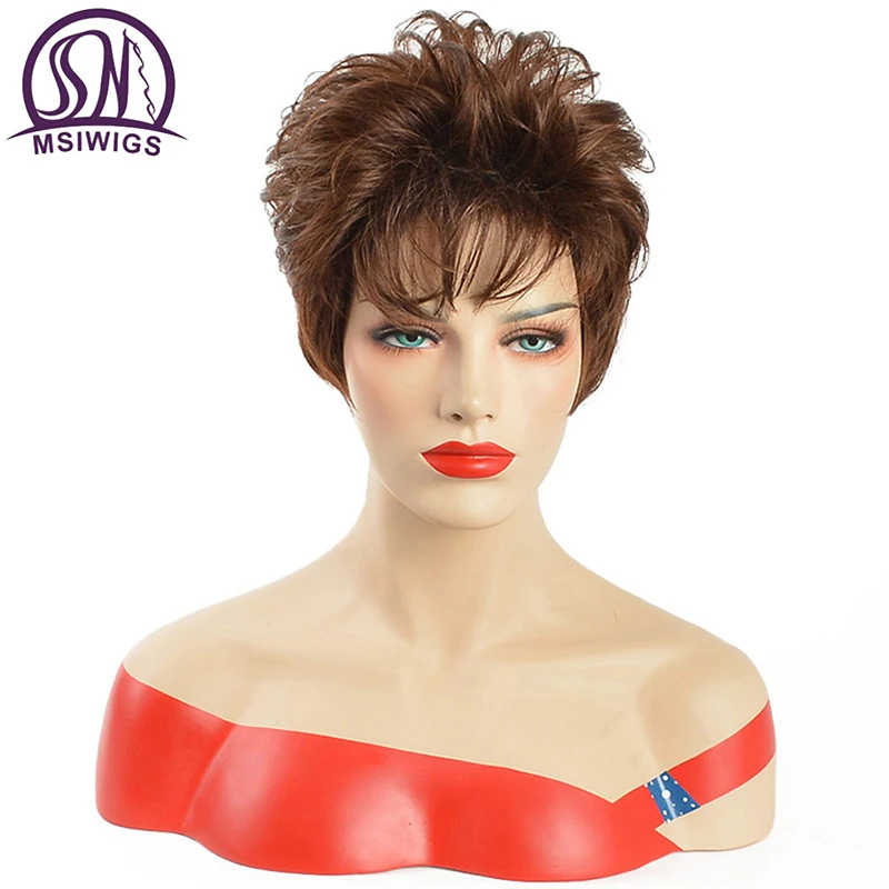 

MSIWIGS Short Brown Women Wig Asymetrical Curly Synthetic Wigs for