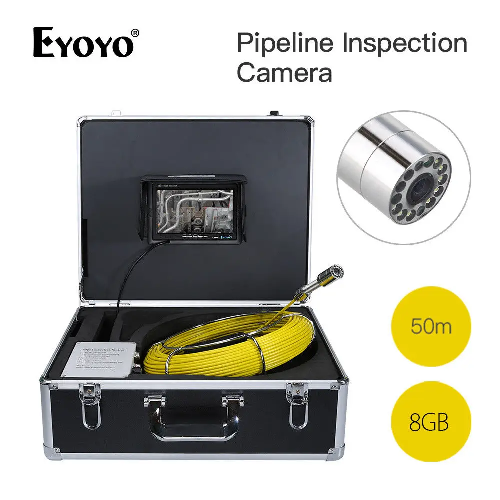 

EYOYO WF90 7" DVR TFT Color Monitor 50M Drain Pipe Pipeline 1000TVL Waterproof IP67 Inspection Sewer Camera Snake Cam 8GB