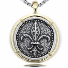 Vintage hombres francés joyería antigua plata Metal flor De Lis Lily flor colgante collar A299