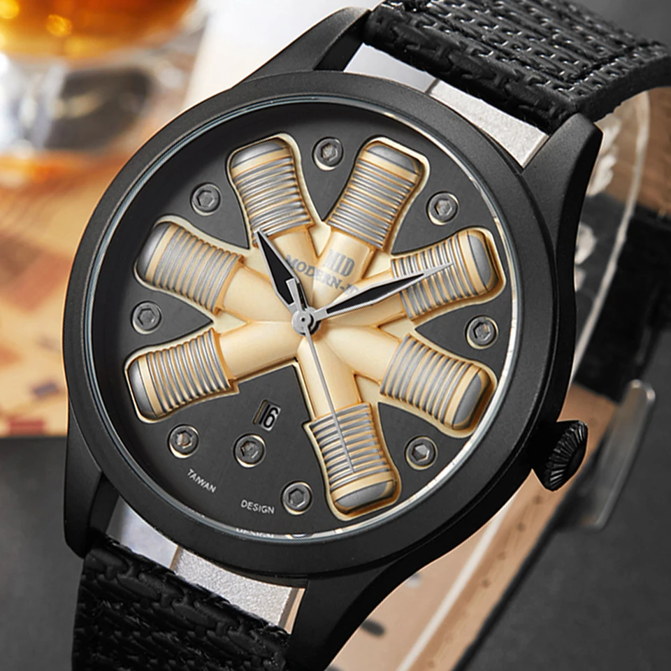 

Men Watch Airplane Engine Engraved Men's Big Dial Wrist Watches Flieger Pilot Sports Wristwatch Aviator Reloj Mens Male Clock