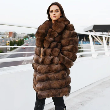 

FURSARCAR Brown Blue Natural Fox Fur Long Coats Women Turn-down Collar Genuine Real Fur Jackets For Female Winter Overcoat 2019