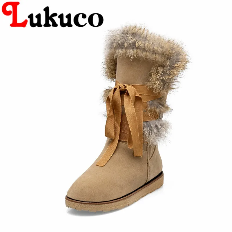 

Lukuco pure color women mid-calf snow boots with ribang and faux fur design high quality PU made low wedges heel shoes
