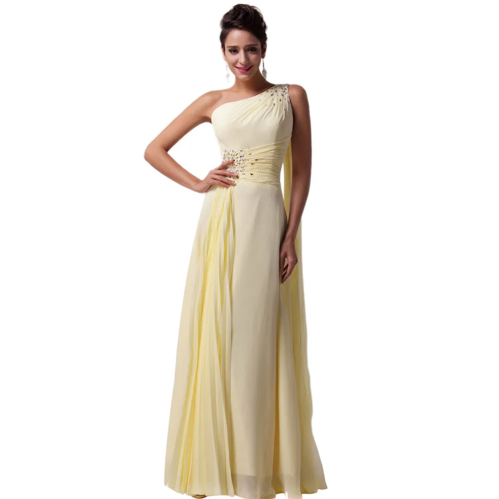 Light Yellow One Shoulder Ribbon Chiffon Ruffles Long Bridesmaid Dress ...