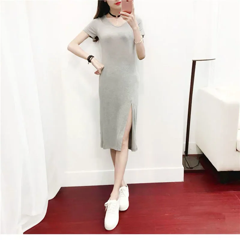 

Trill celebrity inspired dress summer 2019 New style short sleeved black slit skirt explicit thin scheming dress Women's