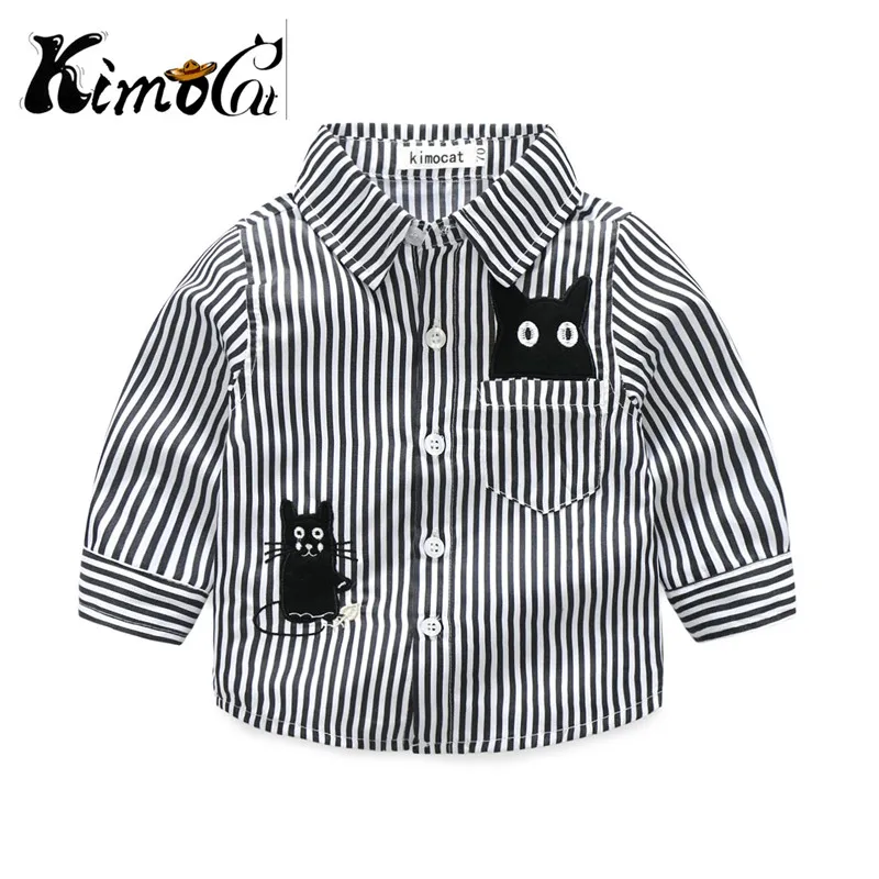 Kimocat/рубашка с воротником для детей; Одежда для новорожденных; хлопковая рубашка в полоску с длинными рукавами и рисунком кота