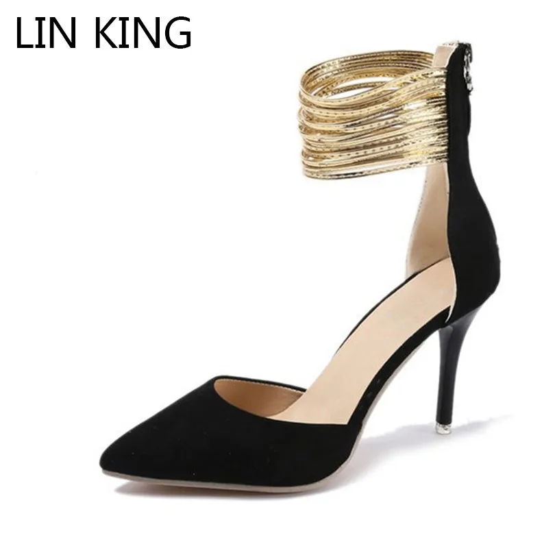 

LIN KING Big Size Women Thin Heel Gladiator Pumps Sexy Pointed Toe Summer High Heel Shoes Female Zipper Office Work Dress Shoes