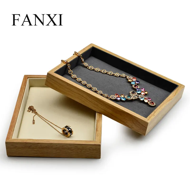 

FANXI Wooden Jewelry Display Tray with Microfiber insert Pendant Ring Necklace Bracelet Exhibitior Stand for Showcase