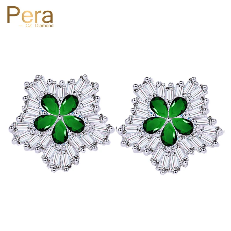 

Pera Korean Style Jewelry Big Snowflake Flower Full Cubic Zirconia Setting Women Stud Earrings With Created Green Stone E215