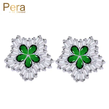 

Pera Korean Style Jewelry Big Snowflake Flower Full Cubic Zirconia Setting Women Stud Earrings With Created Green Stone E215