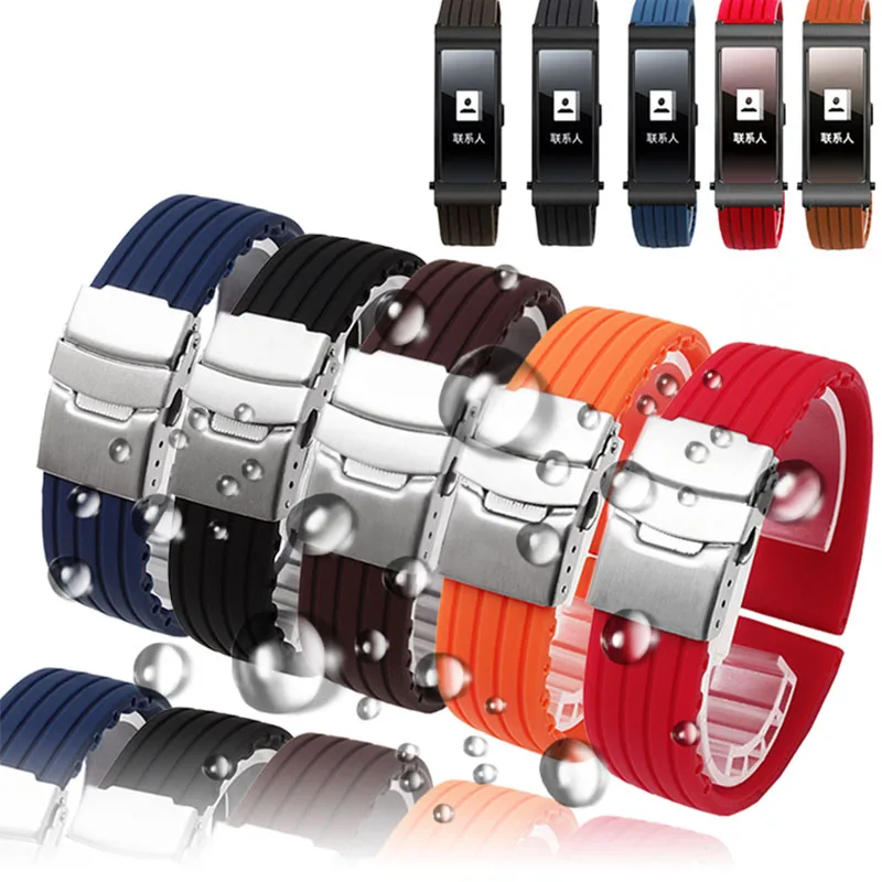 

Silicone Rubber Watch Band 15mm 16MM for Huawei B2 B3 Stainless Steel Safety Buckle Strap Wrist Belt Bracelet