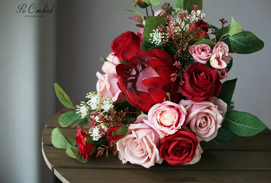PEORCHID розовый букет невесты свадебные цветы для подружек невесты Свадебный букет Бургундия искусственная Роза император Шелковый букет цветов