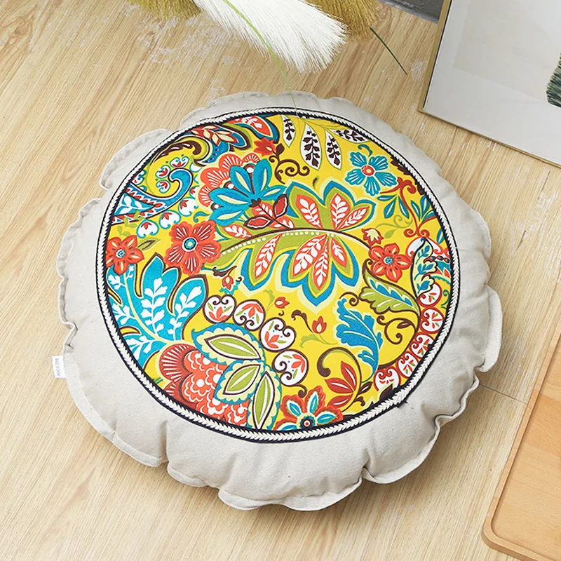 Tatami Round Cushion Japanese Style Cotton Linen Pastoral Floral Chair Cushion Printed Washable Pillow Meditation Sofa Cushion 