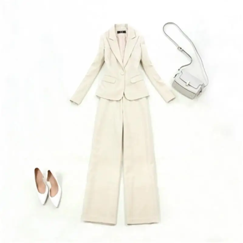 Mode Vrouwen Offiec 2 Delige Set 19 lente Nieuwe Beige visgraat patroon korte mouwen suit + hoge taille breed -been broek tweedelige Mode Vrouwen Offiec 2 Delige Set 19 lente Nieuwe Beige visgraat patroon korte mouwen suit + hoge taille breed -been broek tweedelige