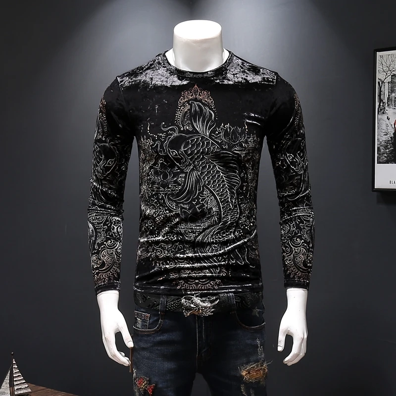 

Luxury Round Neck Dragon Printing Velvet Slim Fit Men T Shirt Club Outfit Velvet T Shirt Men Slim Fit Long Sleeve T Shirt Homme