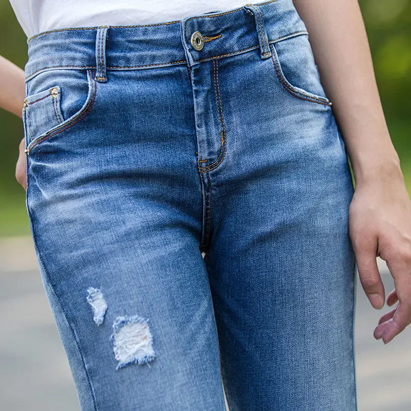 Синий Bleach Wash Distressed рок джинсы Для женщин Повседневное середины талии Button Fly Ripped