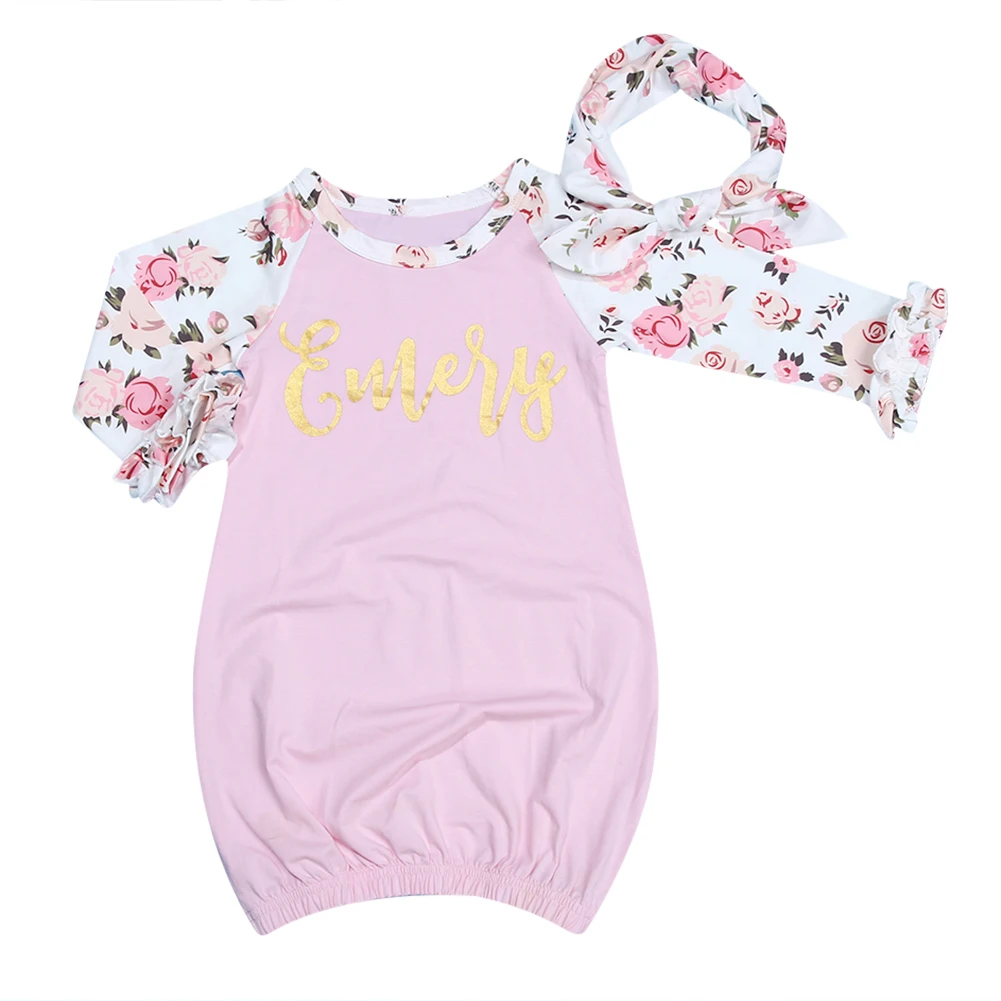 2 предмета, розовая ночная сорочка с длинными рукавами и принтом для новорожденных девочек+ повязка на голову, пижама, одежда для сна и халаты, одеяло